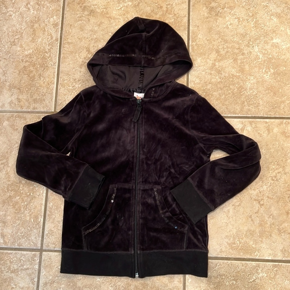 NWT girls black velour with sequin trim zippered hoodie